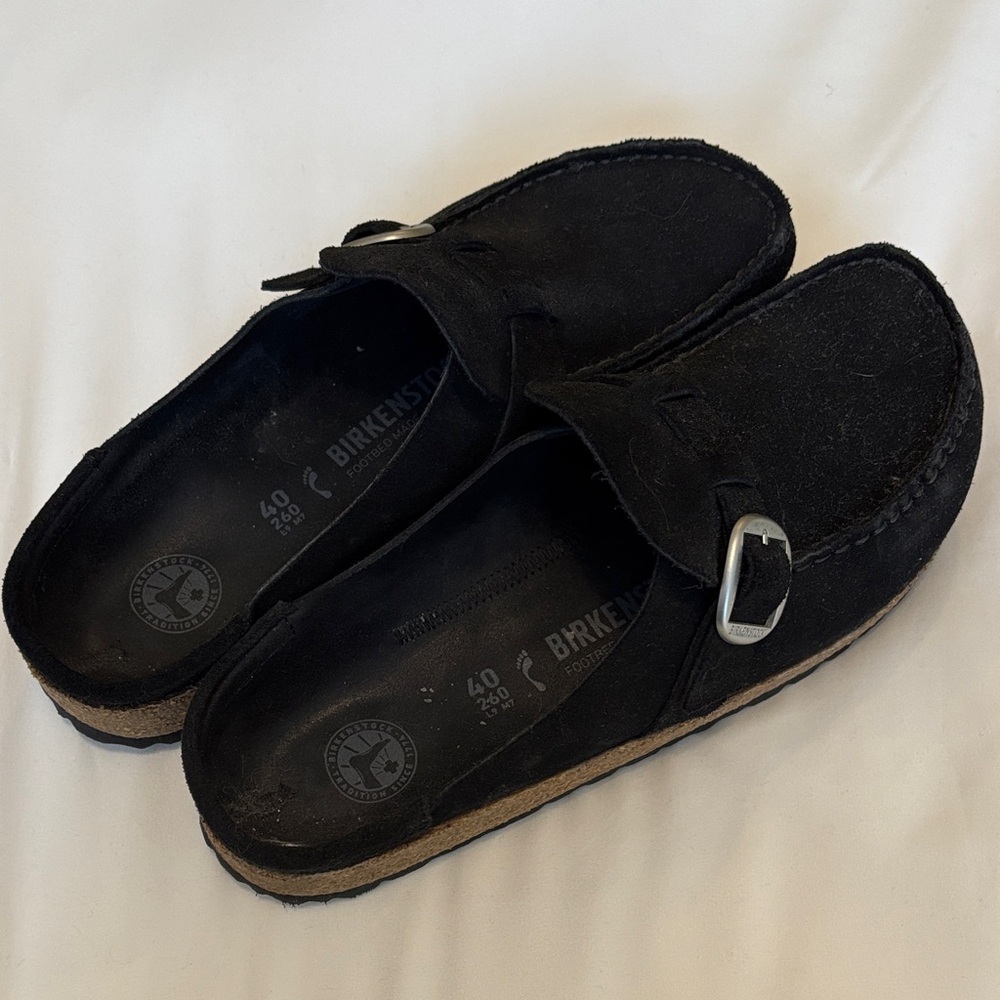 Birkenstock Black Suede Mules with Buckle Sz 40